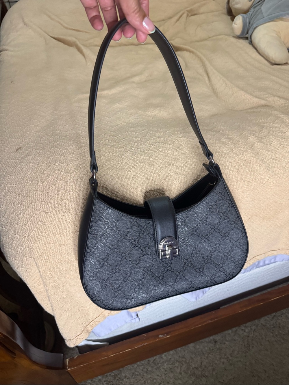 Nine West Black Monogram Shoulder Bag with Silver Hardware